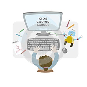 Girl sitting at her desk and coding with her computer making and programming a robot. Topview workspace vector