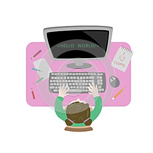 Girl sitting at her desk and coding with her laptop. Topview workspace vector illustration.