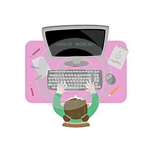 Girl sitting at her desk and coding with her laptop. Topview workspace vector illustration. photo