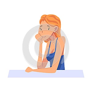 Girl Sitting and Looking at Us, Young Woman Sitting with His Head Propped on Hand Cartoon Vector Illustration