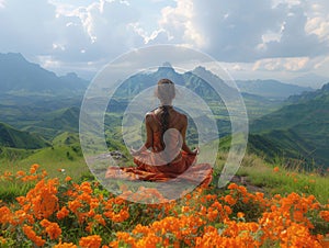 Girl sitting in lotus pose doing yoga in the mountains. Generative AI