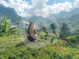 Girl sitting in lotus pose doing yoga in the mountains. Generative AI