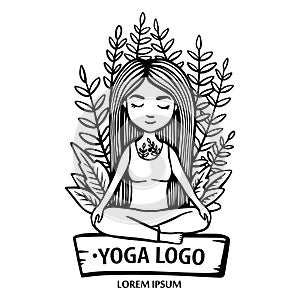 Girl sitting in lotus position on a background of branches and leaves. Hand drawn line vector stock illustration