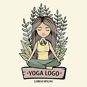 Girl sitting in lotus position on a background of branches and leaves. Hand drawn line vector stock illustration