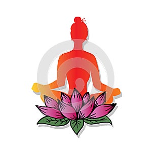 Girl sitting in a lotus yoga pose with a lotus flower