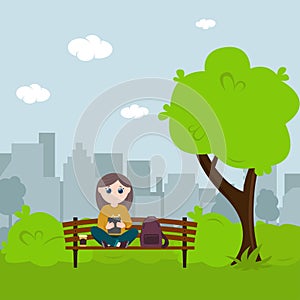 Girl sitting on a park bench reading an e-book. Concept illustration of ebook reading
