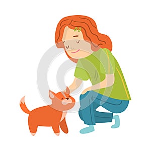 Girl sitting and petting her red puppy dog vector illustration