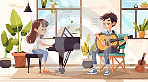 A girl is sitting at a piano her fingers dancing across the keys as she plays a beautiful melody. Beside her a boy is