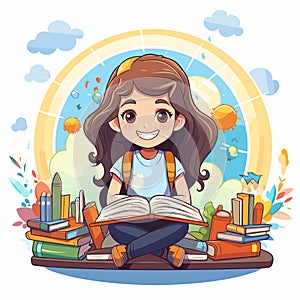 Girl sitting on pile of books with book in front of her