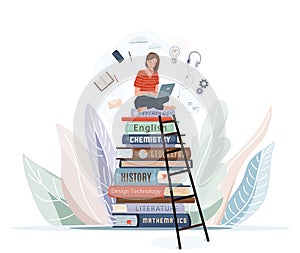 Girl sitting on pile of books with open laptop on her knees. Online library, study, e learning concept design. Vector