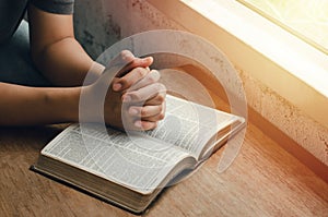 Girl sitting and praying for blessings from god With the Bible folded hands in biblical spiritual and religious prayer,