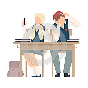 Girl Sitting At School Desk and Making Selfie During Lesson Vector Illustration