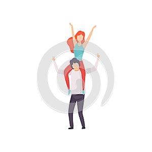 Girl Sitting on Shoulders of Guy with Hands Raised, People Dancing, Cheering, Relaxing, Partying Open Air Festival