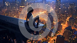 Girl is sitting on a skyscrape, looking at view of city. Beautiful illustration picture. Generative AI photo