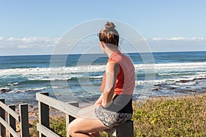 Girl Sitting Stairs Beach Waves