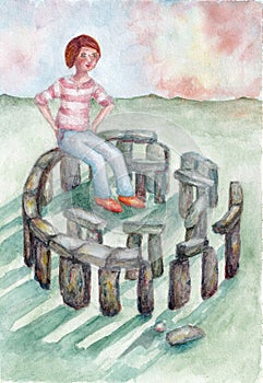 A girl is sitting on Stonehenge. Watercolor sketch. A metaphorical card for associative work with a psychologist.