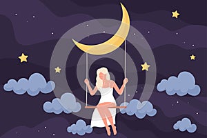 Girl sitting on swing hanging from moon at night, woman flying in sleep amongst stars