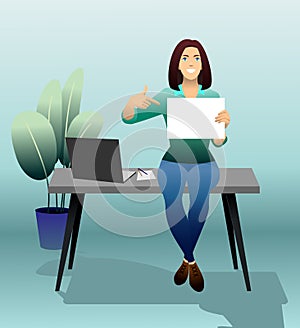 Girl sitting on the table holding a blank white sheet for text or image