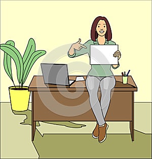 Girl sitting on the table holding a blank white sheet for text or image