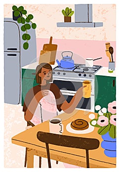 Girl sitting at table with tea mug and roll in cozy kitchen. Young black woman with coffee cup and sweet bun, bakery