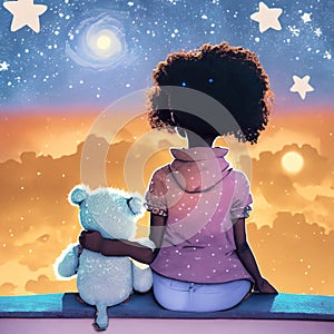 a girl sitting with a teddy bear on a tree