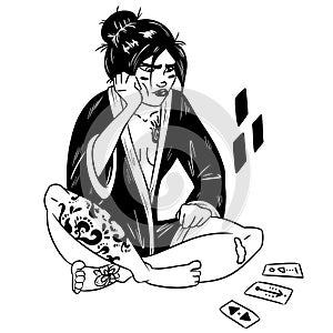 Girl sitting and thinking with tarot cards. Witchcraft illustration