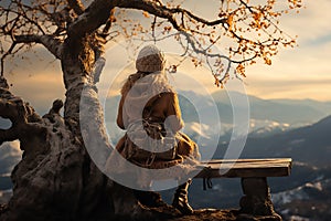 The Girl on sitting and tree silhouette in mountains. Christmas celebration and winter holiday