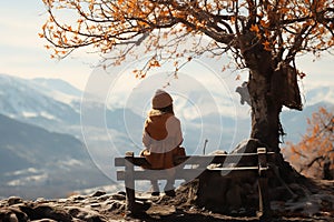 The Girl on sitting and tree silhouette in mountains. Christmas celebration and winter holiday