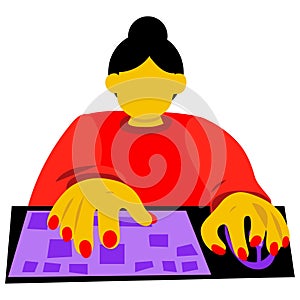 The girl is sitting and typing on the keyboard from the computer. It works with the help of a computer. The girl works sitting at