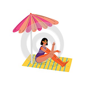 Girl Sitting Under Sunshade Parasol, Beautiful Woman Relaxing at Beach on Summer Vacation Vector Illustration