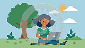 A girl sitting under a tree laptop open and a smile on her face as she reads the email informing her of a full ride photo