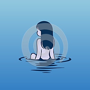 Girl Sitting in Water. Vector Cartoon Illustration. Rear View