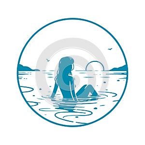 Girl Sitting in Water Watching Sunset - Vector Linear Cartoon Illustration in Circular Frame