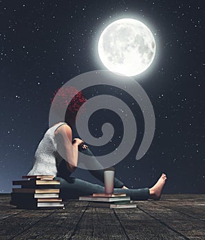 Girl sitting on wooden floors looking to the moon