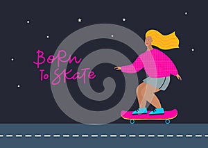 Girl on skateboard flat vector illustration card