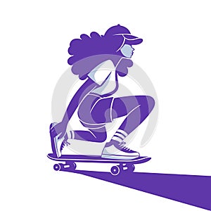 Girl Skateboarding. Vector Monochrome Illustration on White Background