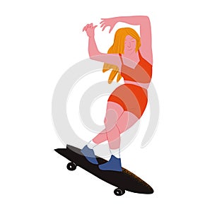 The girl skater. Beauty girl with golden hair surf on skateboard.  Vector illustration isolated object.
