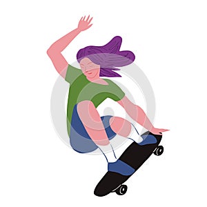 The girl skater. Beauty girl with violet hair make stunt on skateboard. Vector illustration isolated object.