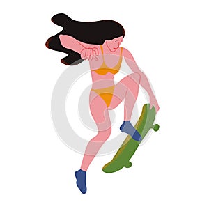 The girl skater. Girl in bikini make stunt on skateboard. Vector illustration isolated object.