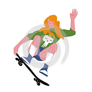 The girl skater. Girl with golden hair make stunt on skateboard. Vector illustration isolated object.