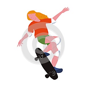 The girl skater. Girl with golden hair make stunt on skateboard. Vector illustration isolated object.