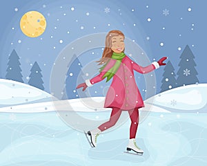 A girl on skates. Winter illustration with the image of a cute smiling girl skating. Figure skating on ice. Winter