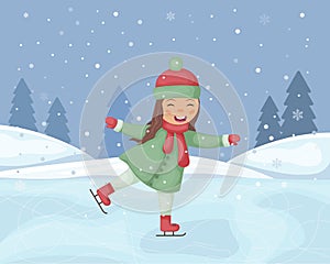 A girl on skates. Winter illustration with the image of a cute smiling girl skating. Figure skating on ice. Winter