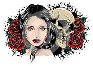 Girl with skeleton make up hand drawn vector sketch. Santa muerte woman witch portrait stock illustration Day of the photo