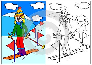 Girl skiing in the mountains - a coloring book for young children