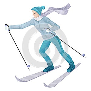 Girl skiing, sportswear in winter. Vector character isoleted