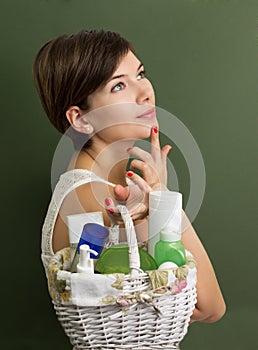 Girl with skin care products