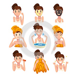 Girl with skin problems set, steps to clean the face, dermatology and cosmetology concept vector Illustration