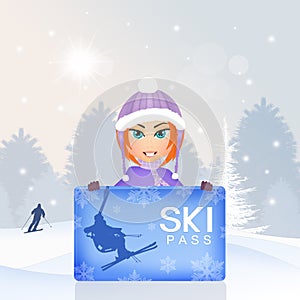 Girl and skipass in winter