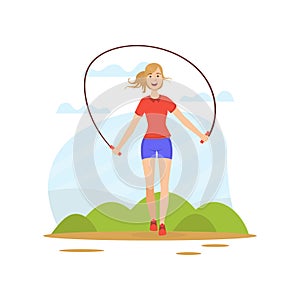 Girl Skipping with Jump Rope in Nature, Young Woman Doing Physical Activity Outdoors Vector Illustration